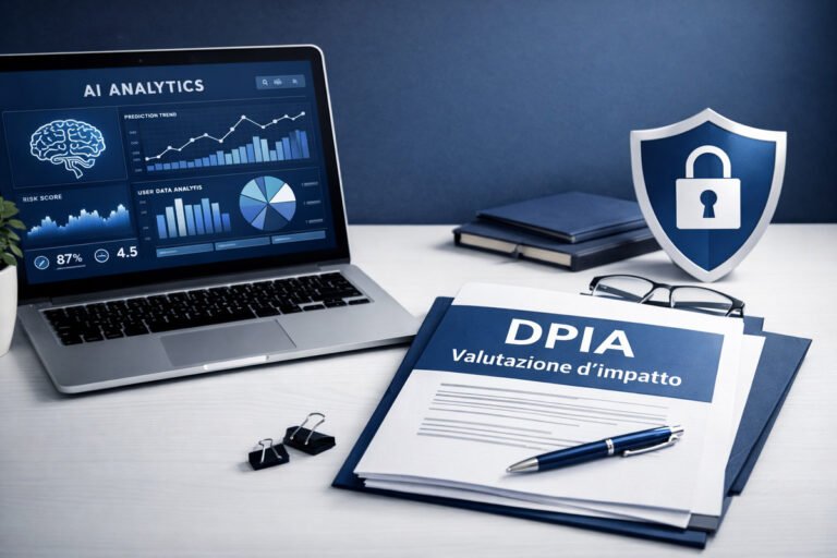 DPIA strumenti AI in azienda con dashboard AI e documento di valutazione d’impatto privacy