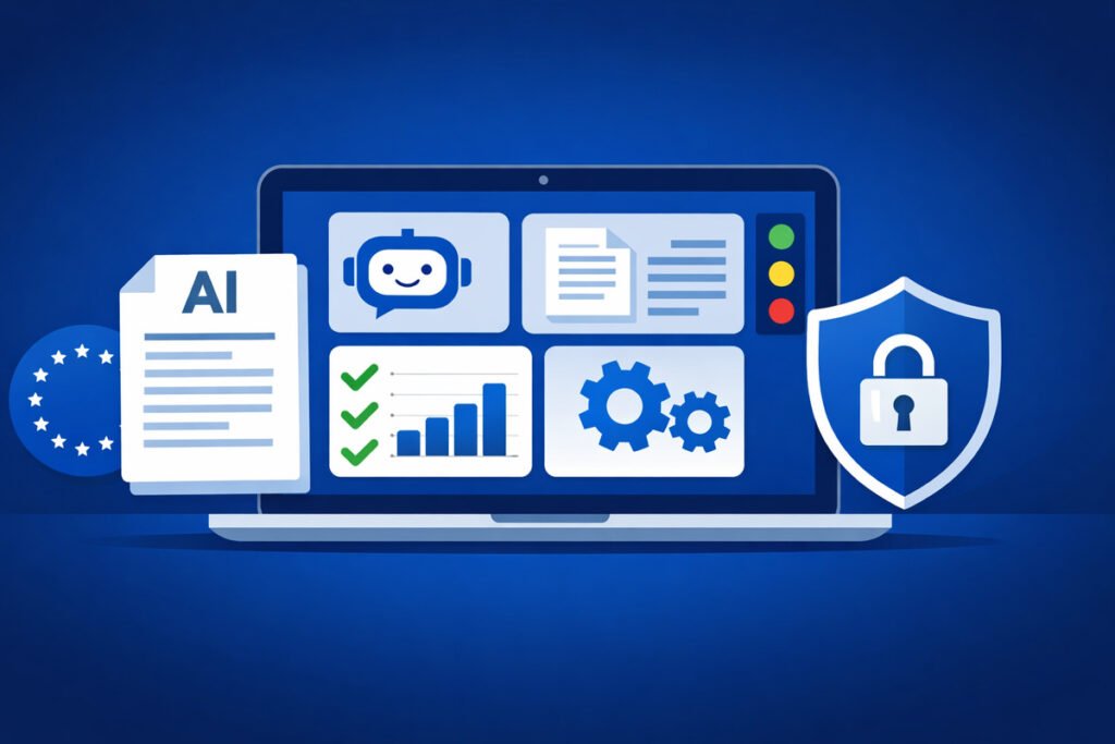 Alt consigliato:

Illustrazione flat di una dashboard che mappa i tool di intelligenza artificiale usati in azienda, con monitor blu, icone AI e indicatori di rischio per la conformità all’AI Act
