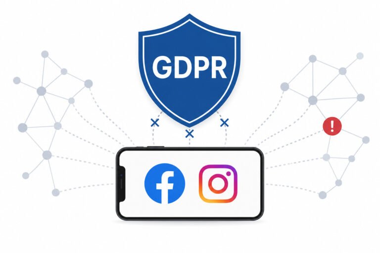 Meta AI addestramento GDPR: schermata smartphone con logo Facebook e Instagram e scudo GDPR